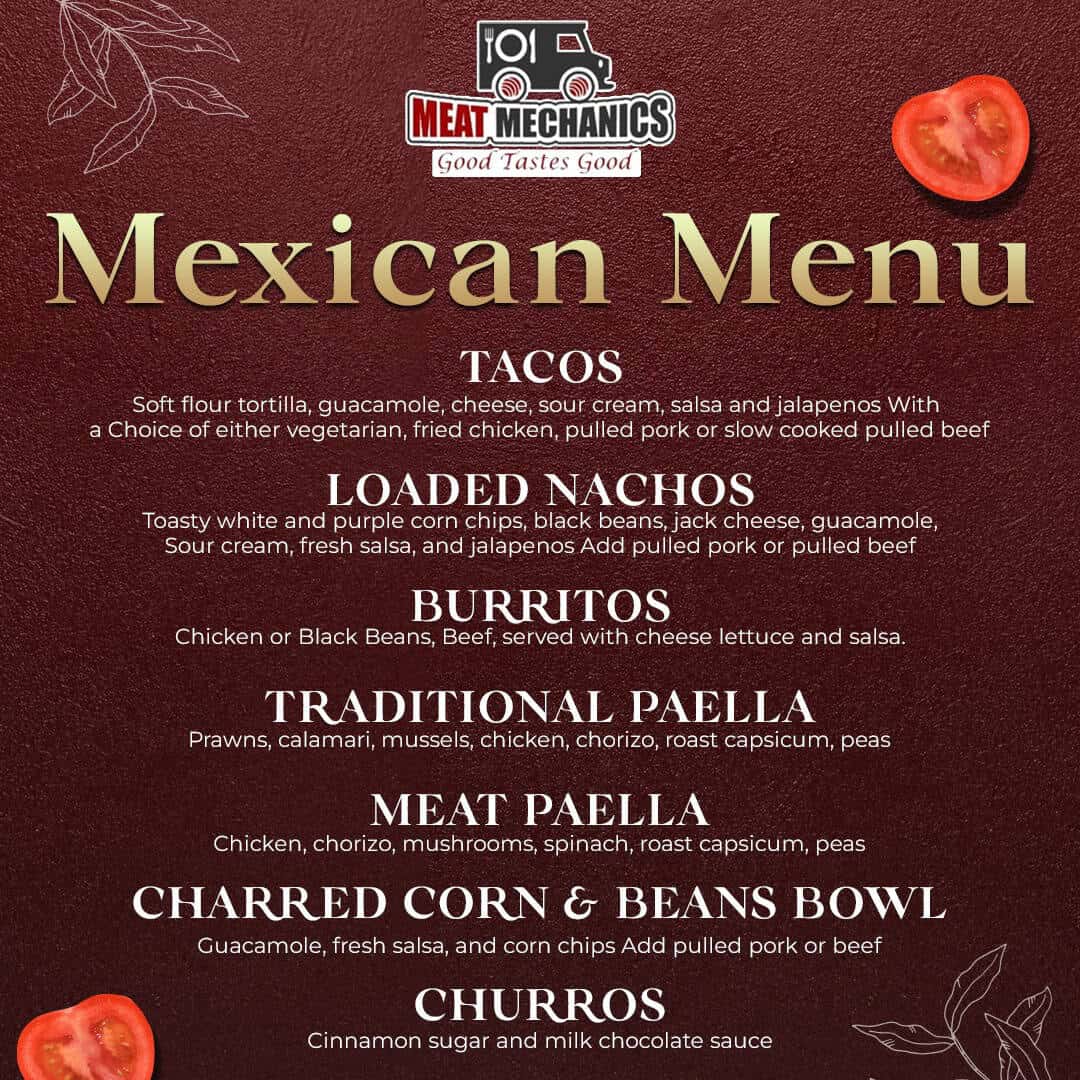 Mexican menu featuring tacos, nachos, burritos, and more at Meat Mechanics.
