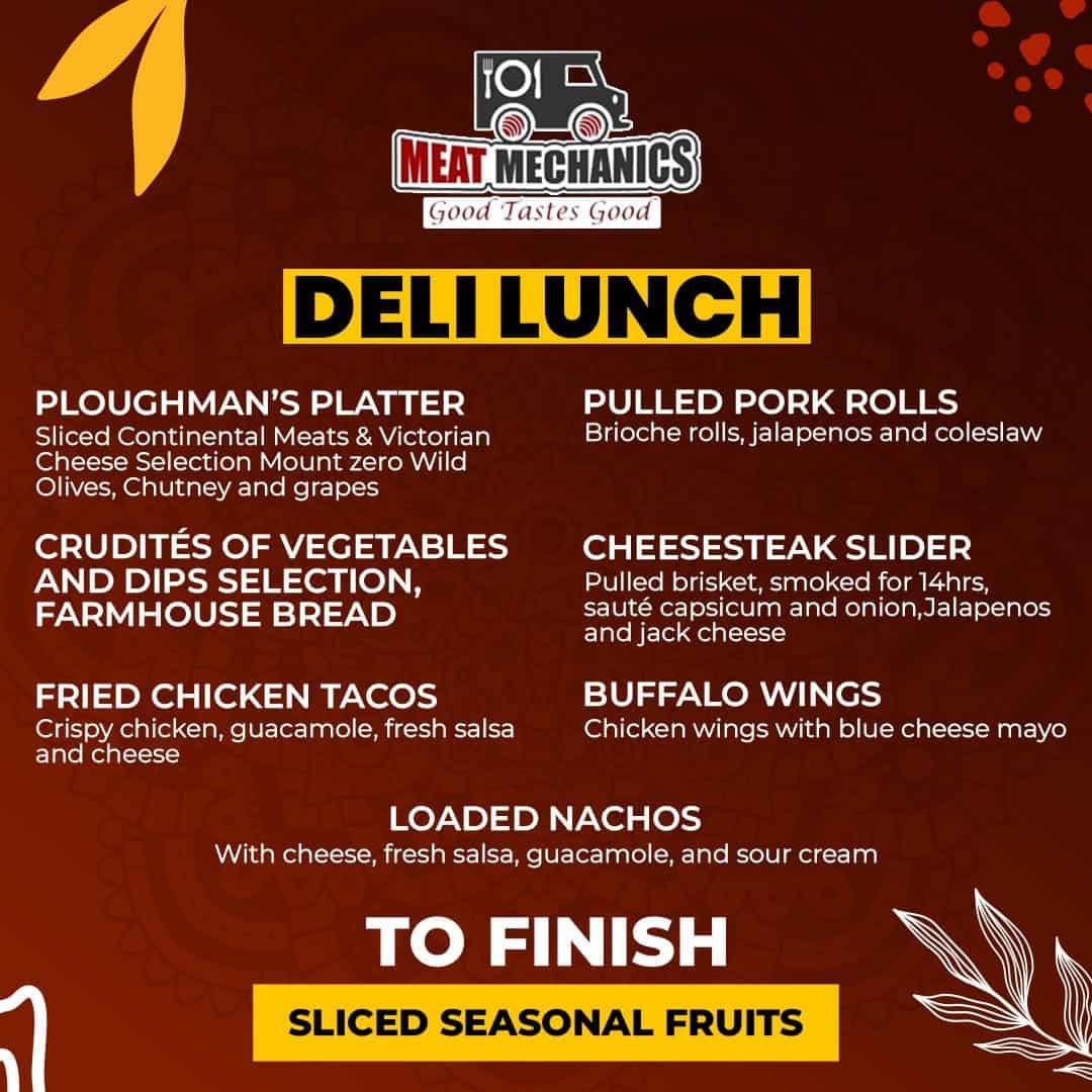 Delicious lunch options including ploughman's platter, pulled pork rolls, and fried chicken tacos. F.