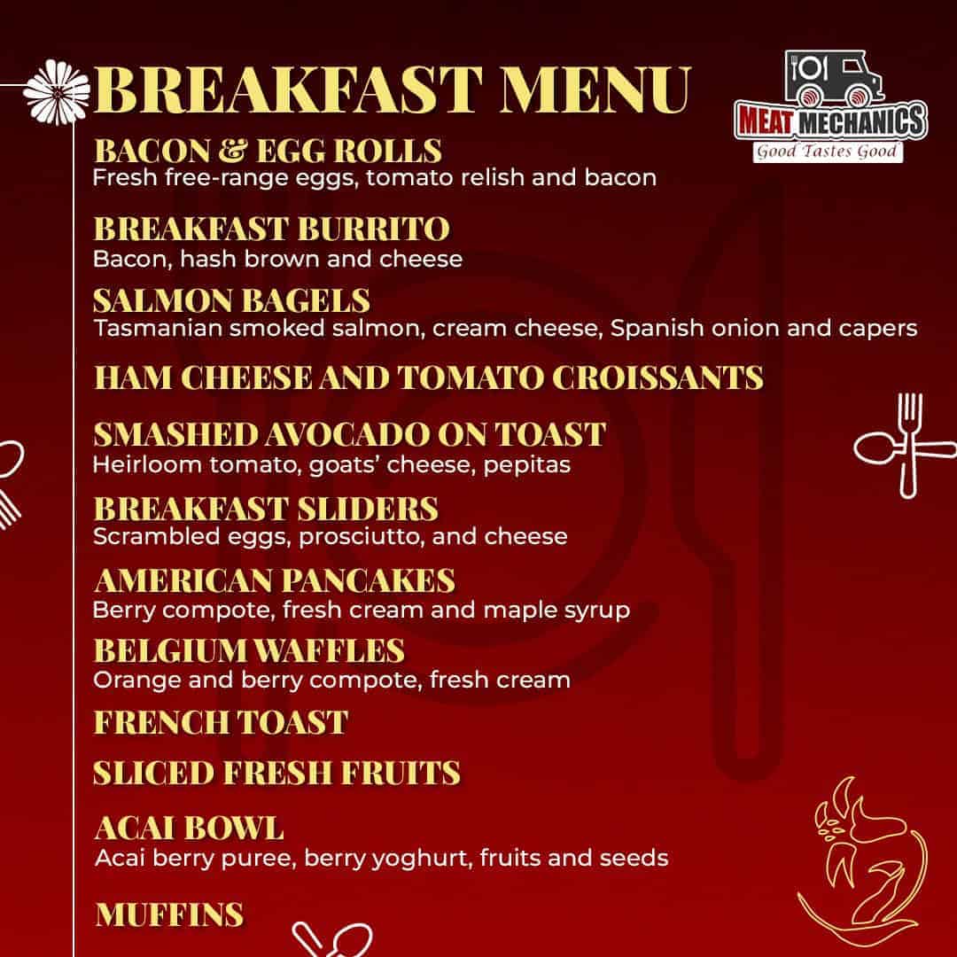 Breakfast menu featuring bacon, salmon, ham, and fresh fruit options at Meat Mechanics.
