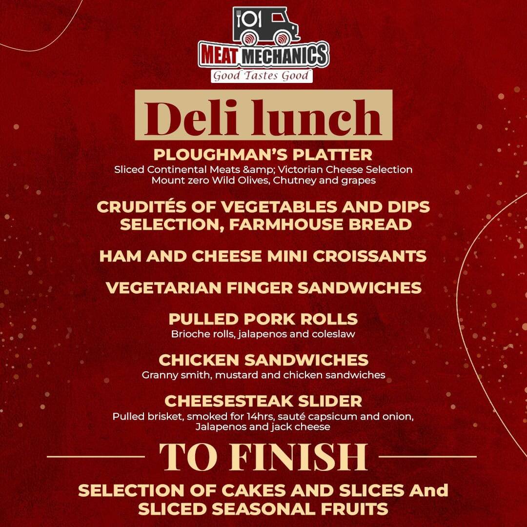 Deli lunch menu with various sandwiches, meats, and sides at Meat Mechanics.