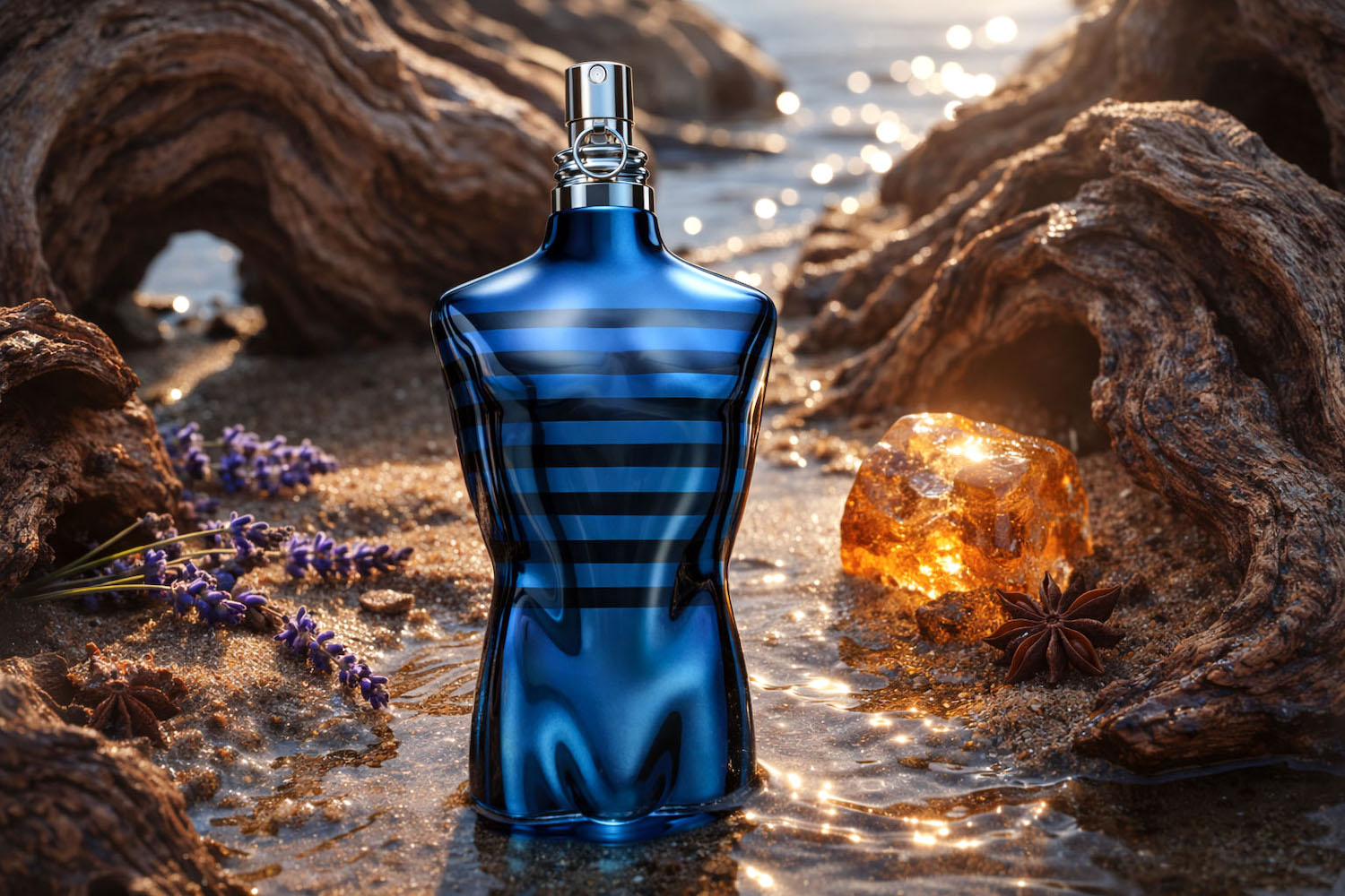 Jean Paul Gaultier Le Male In Blue Eau de Parfum bottle – metallic blue sailor torso with black translucent stripes