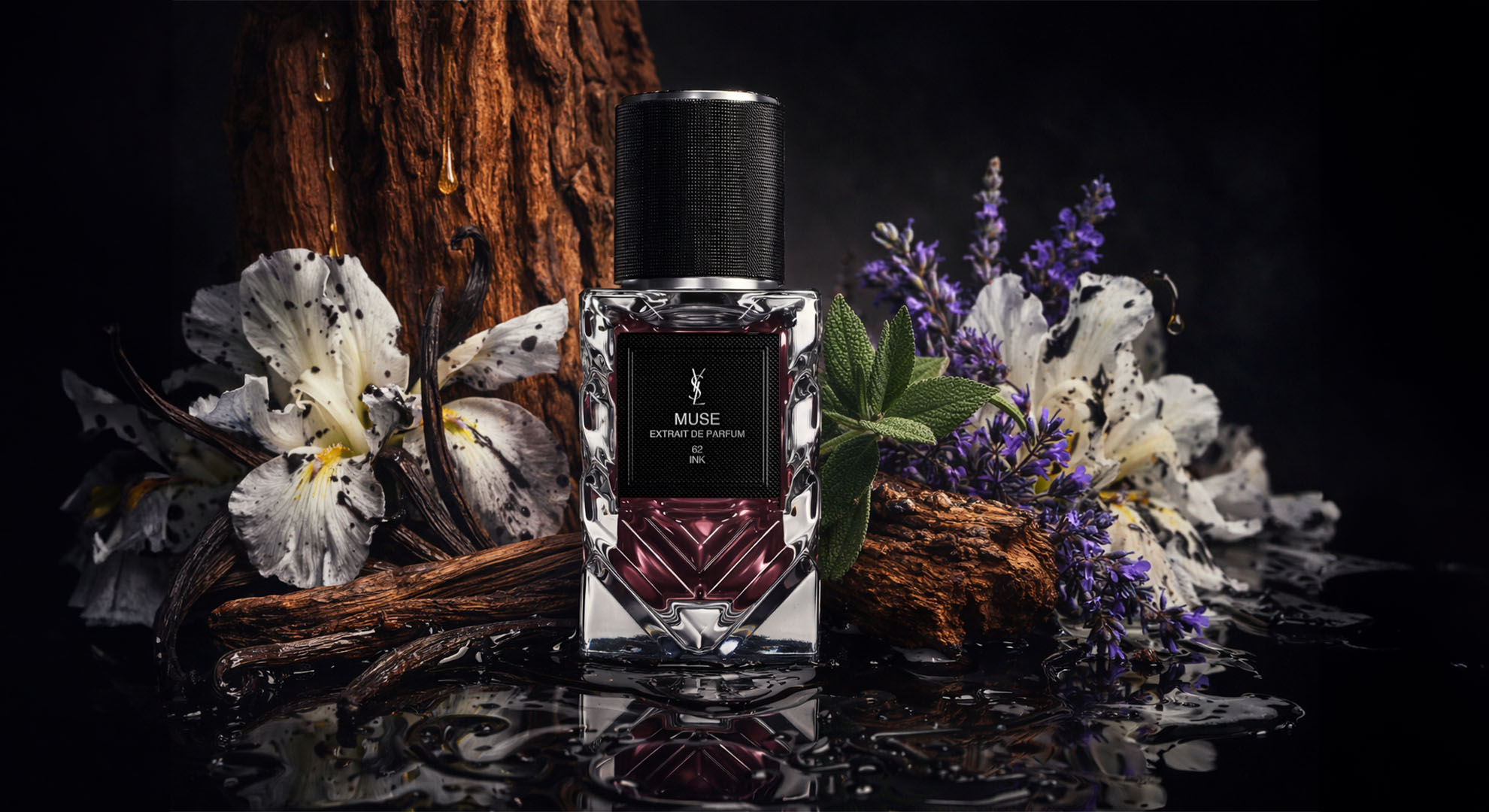 Yves Saint Laurent Muse Extrait de Parfum 62 Ink is a woody aromatic ambery fragrance crafted for a unisex expression