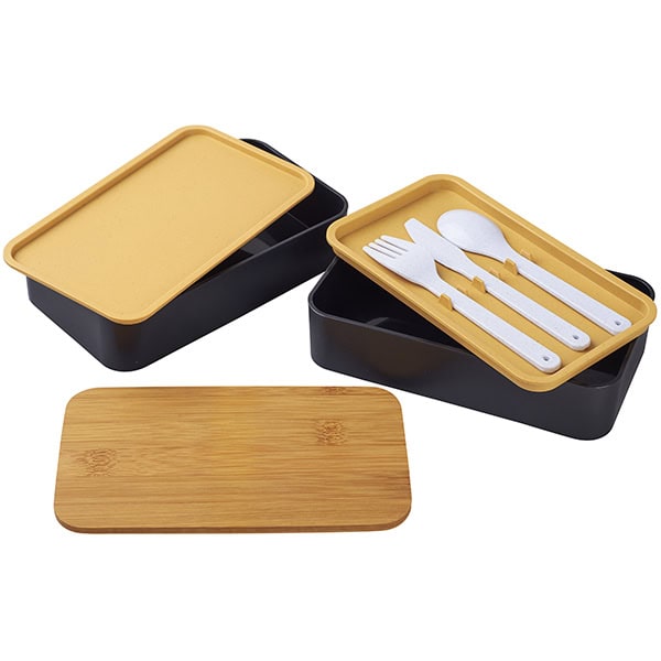 ⁦סט הכולל משקל למזון מצופה במבוק, ארוז עם קופסאת אוכל שחורה כפולה עם מכסה במבוק וסכום⁩ – תמונה ⁦3⁩