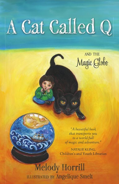 A Cat Called Q and the Magic Globe - children's book cover with a black cat, a girl, and a magical g.