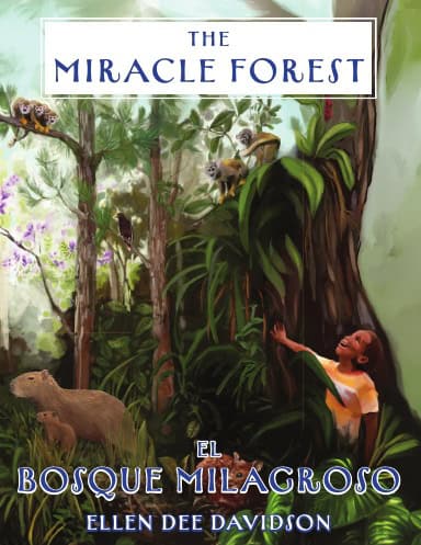Lush rainforest scene with children exploring and wildlife in The Miracle Forest.