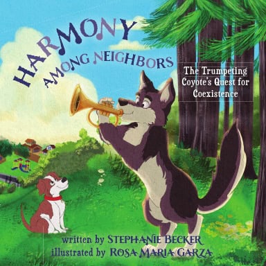 Harmony Among Neighbors book cover with a wolf playing trumpet and a dog listening in a forest setti.