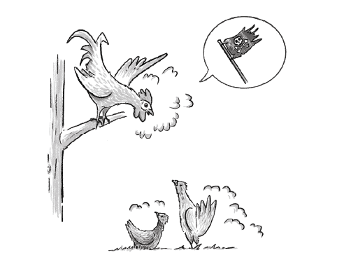 Cartoon chickens and a crow with a flag, humorous farm scene illustration.