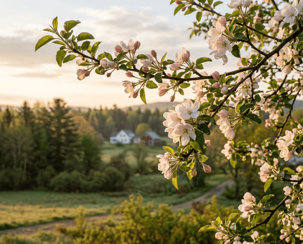 Blooming apple tree branch with pink flowers in a rural landscape at sunset.