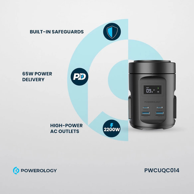 Powerology MagSafe Power Hub 65W PD Charger with 2 Universal AC Sockets & 2200W Power Output – Black - Image 5