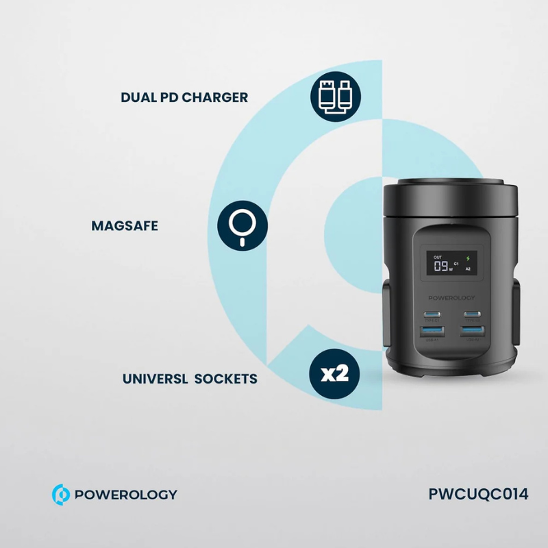 Powerology MagSafe Power Hub 65W PD Charger with 2 Universal AC Sockets & 2200W Power Output – Black - Image 7