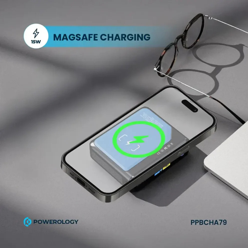 Powerology Ultra-Mini 20000mAh Power Bank 100W PD with 15W MagSafe Wireless Charging – Black - Image 3