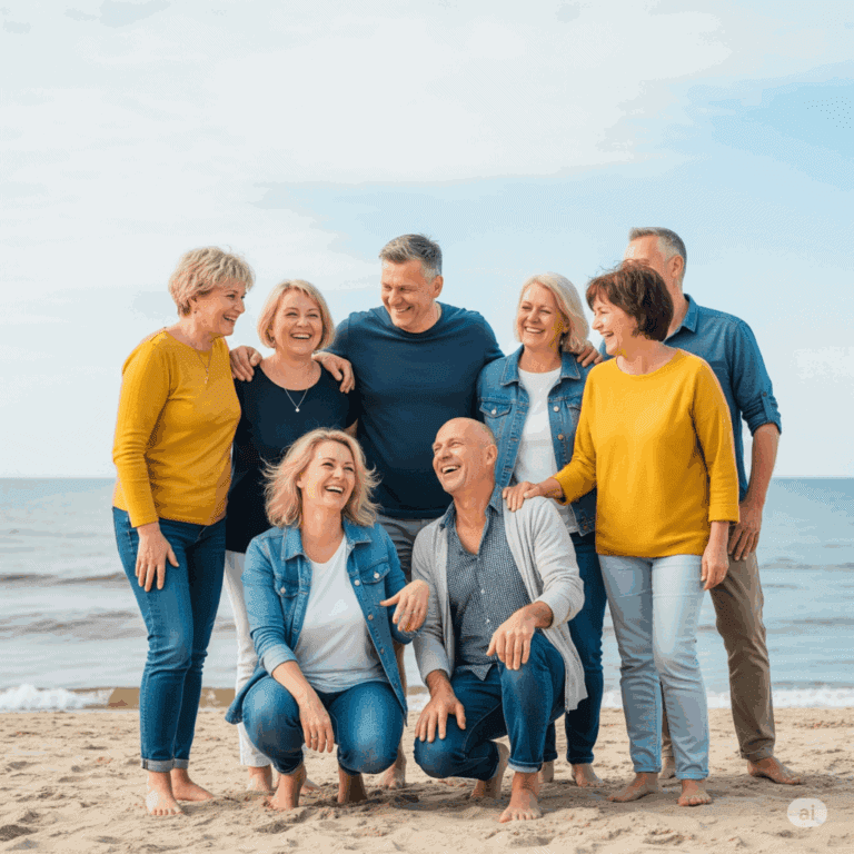 Glückliche Senioren am Strand genießen die Natur und Gemeinschaft.