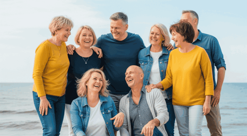 Glückliche Senioren am Strand genießen die Natur und Gemeinschaft.