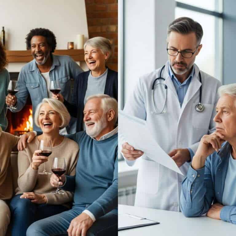 Ältere Menschen genießen Wein bei einem geselligen Treffen, während ein Arzt die Gesundheit im Blick.