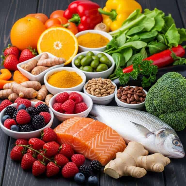 Frisches Obst, Gemüse und Fisch für eine anti-entzündliche Ernährung ab 50 Jahren.