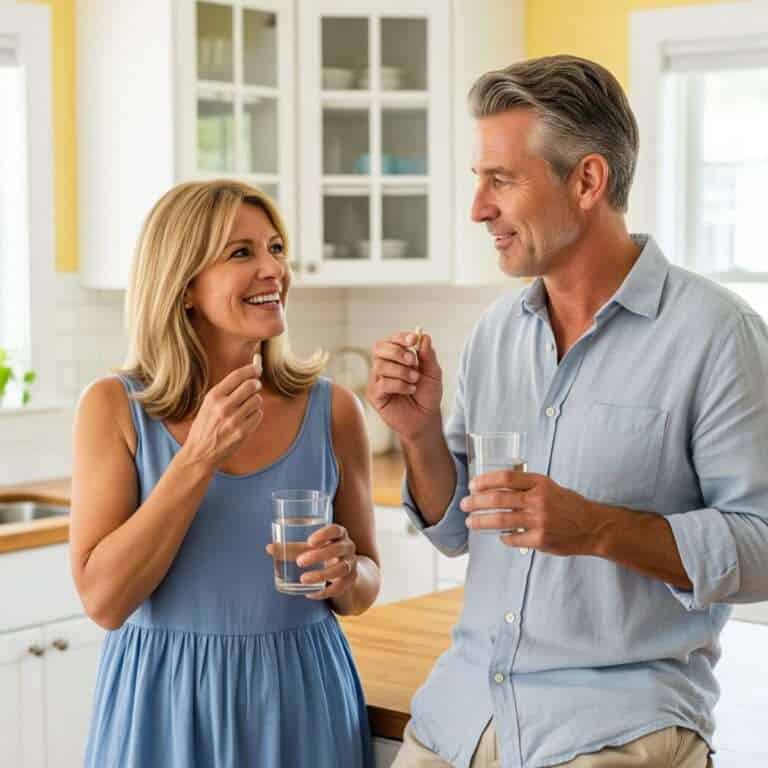 Älteres Paar trinkt Wasser, Fokus auf Magnesium und Gesundheit im Alter.
