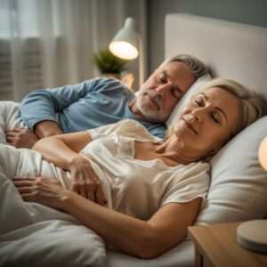 Älteres Paar schläft friedlich im Bett, betont die Bedeutung von Schlaf für Gesundheit ab 50+.