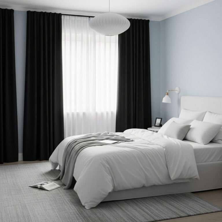Gemütliches Schlafzimmer mit dunklen Vorhängen und weißem Bett für erholsamen Schlaf.