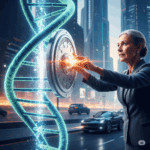 Frau dreht an einer großen Uhr, umgeben von DNA-Strängen, symbolisiert genetische Verjüngung.