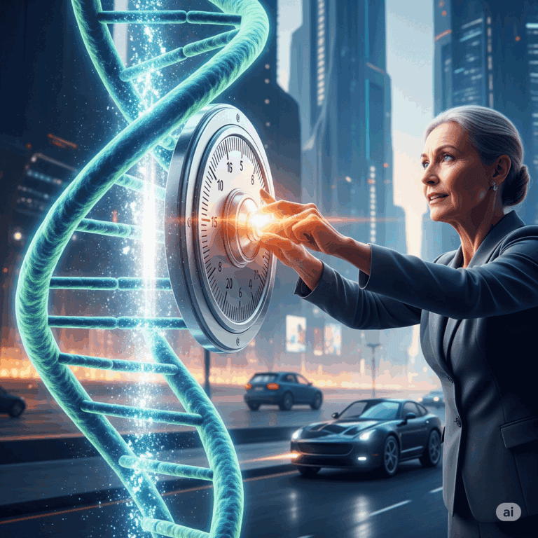Frau dreht an einer großen Uhr, umgeben von DNA-Strängen, symbolisiert genetische Verjüngung.