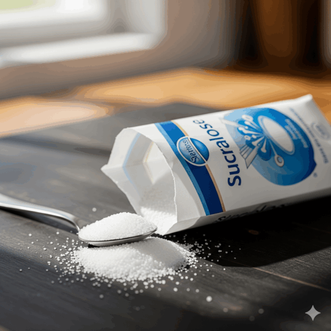 Packung Sucralose-Zuckerersatz mit Löffel auf dunklem Tisch.