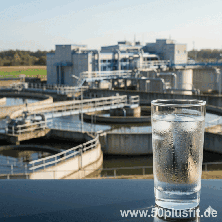 Glas mit klarem Wasser vor Wasseraufbereitungsanlage, gesundes Trinkwasser.