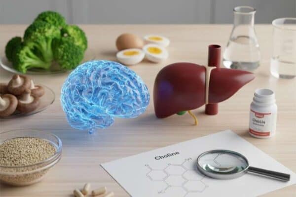 Gehirnmodell und Leber mit Cholinpräparat für geistige Fitness und Lebergesundheit.