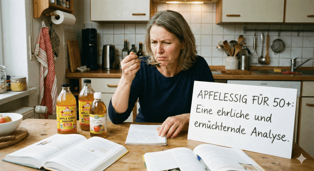 Frau probiert Apfelessig, informiert über Vor- und Nachteile für die Generation 50plus.