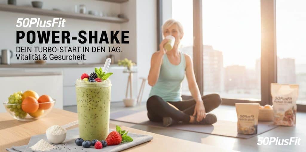 Frau trinkt Power-Shake für mehr Energie und Wohlbefinden, ideal für den 50plusfit Lifestyle.