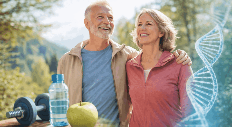 Frau und Mann im mittleren Alter mit Wasserflasche und Apfel