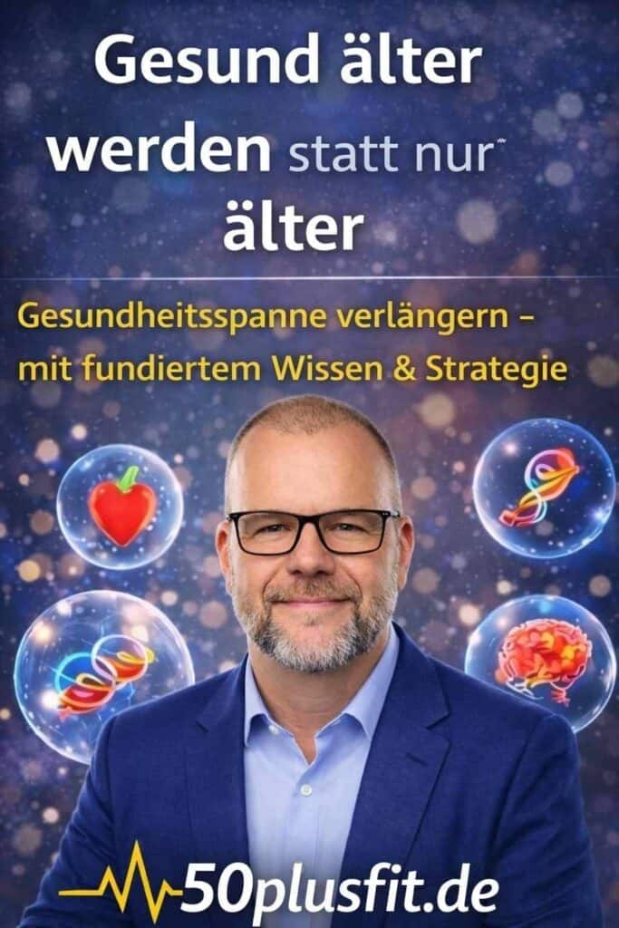 Der Gründervon 50plusfit vor einen Schriftzug: Gesund älter werden, statt nur älter.
