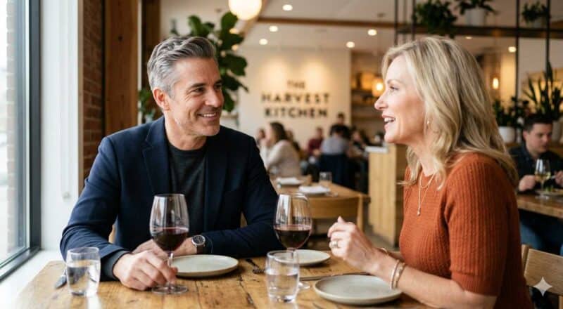 Paar beim Abendessen im Restaurant mit Rotwein