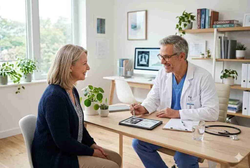 Arzt berät Patientin in heller Praxis