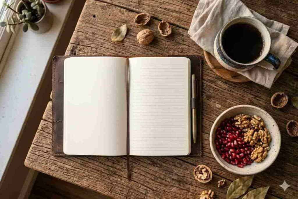 Offenes Notizbuch auf Holztisch mit Kaffee und Nüssen