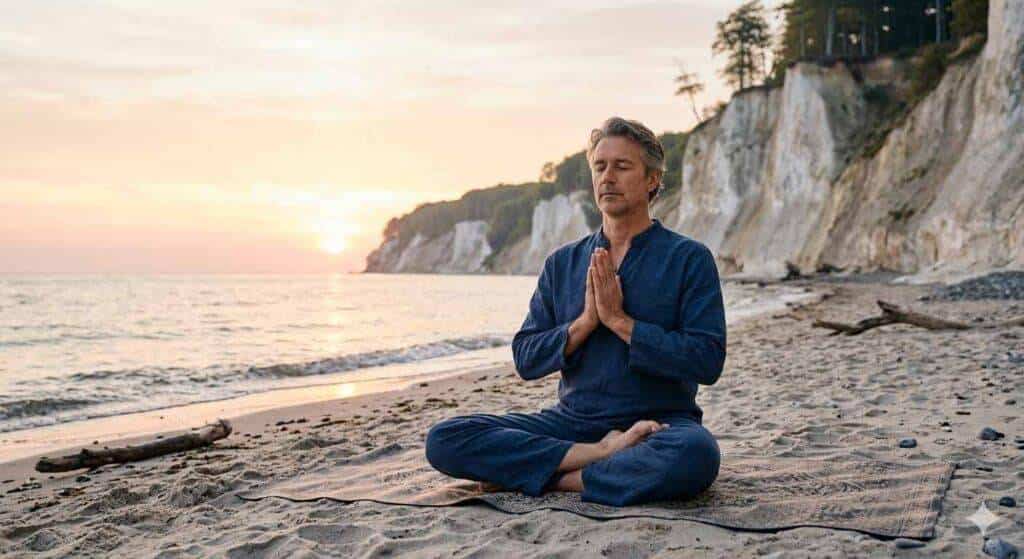 Mann meditiert am Strand bei Sonnenuntergang