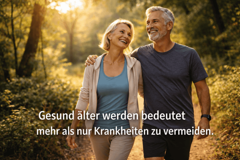 Glückliches älteres Paar spaziert im Sonnenlicht durch den Wald.