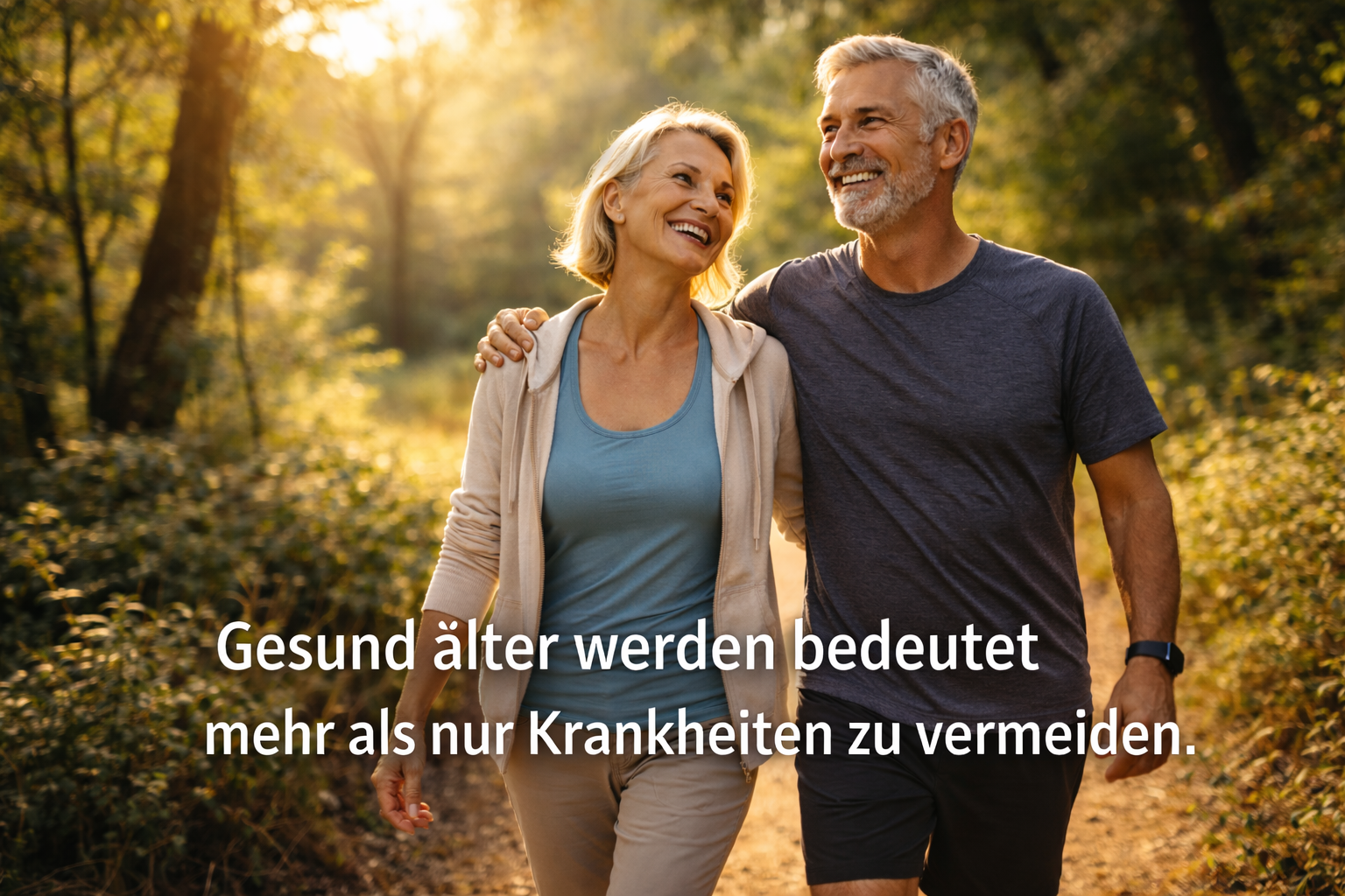 Glückliches älteres Paar spaziert im Sonnenlicht durch den Wald.