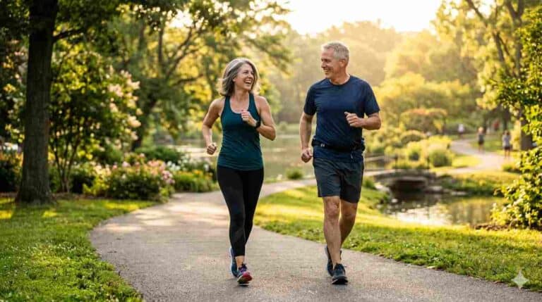 Paar joggt im sonnigen Park am See