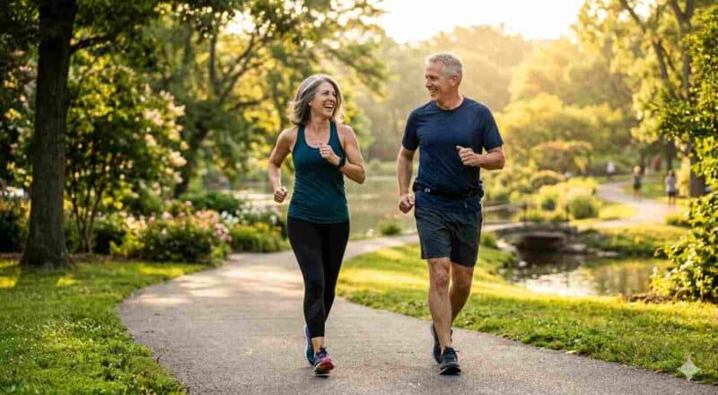 Paar joggt im sonnigen Park am See