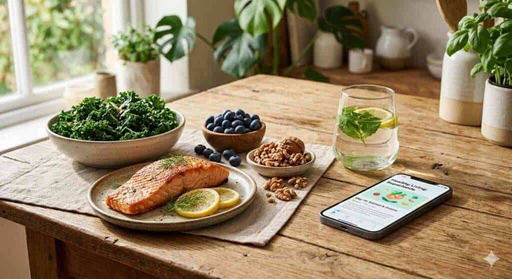 Gesunde Mahlzeit mit Lachs, Beeren und Smartphone-App