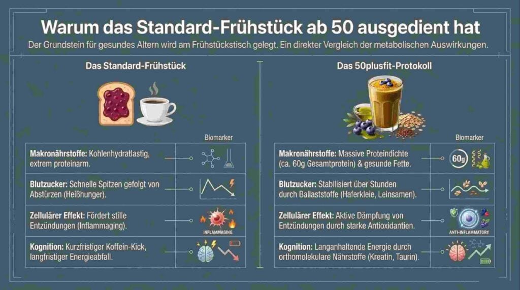 Infografik: Vergleich Standard-Frühstück vs. 50plusfit-Protokoll für gesundes Altern.