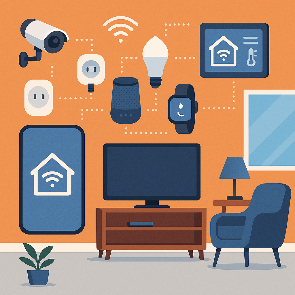 Smart-Home-Szene mit Display-Lautsprecher, Türschloss und Steckdose