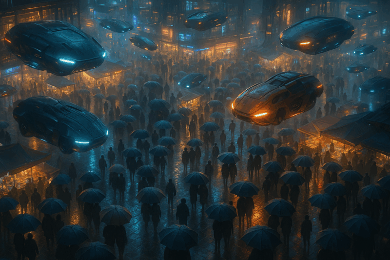 futuristisches Bild, das schwebende Autos über Menschen mit Regenschirmen zeigt