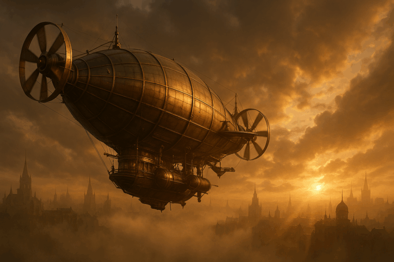 Ein Steampunk-Luftschiff über einer nebligen Stadt,