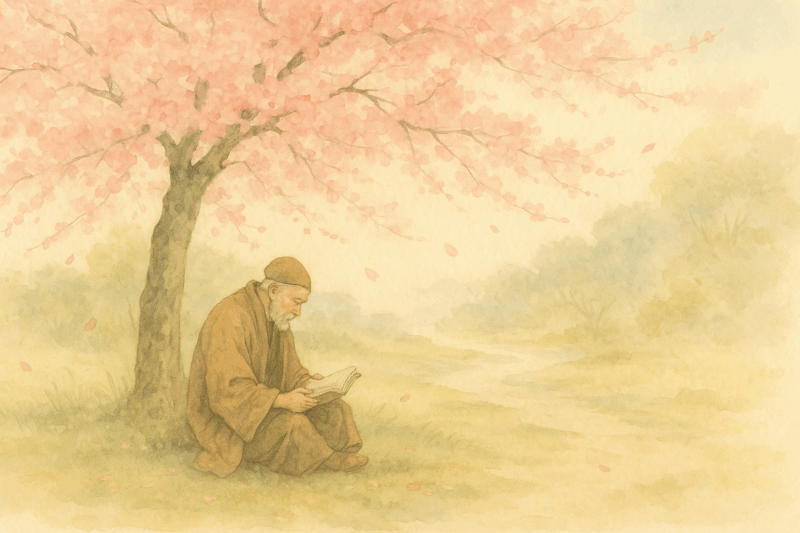 Ein alter Mann liest unter einem blühenden Kirschbaum im Frühling, im Stil eines japanischen Aquarellgemäldes,