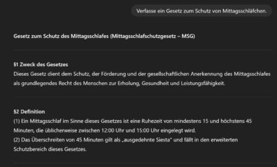 Auszug aus dem lustigen Prompt "Verfasse ein Gesetz zum Schutz von Mittagsschläfchen.