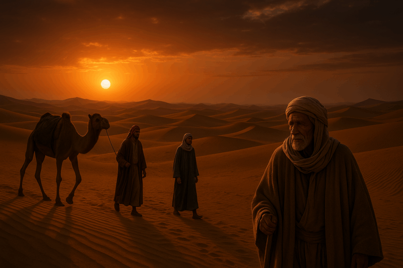 Szene in der Wüste bei sonnenuntergang mit einheimischen und Kamelen