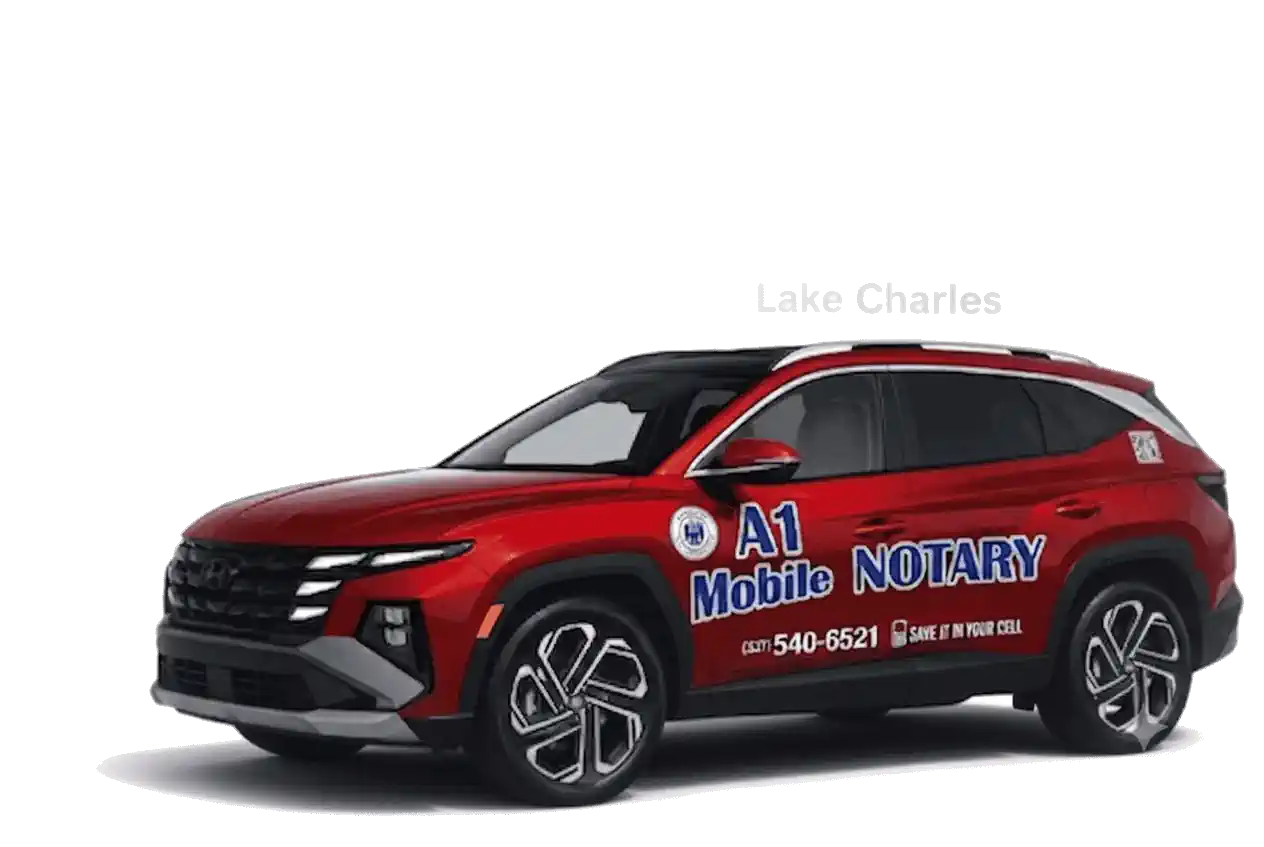 Contact A1 Mobile Notary | Mobile Notary Appointments in Lake Charles, LA 1 Red A1 Mobile Notary company vehicle parked in Lake Charles, LA.