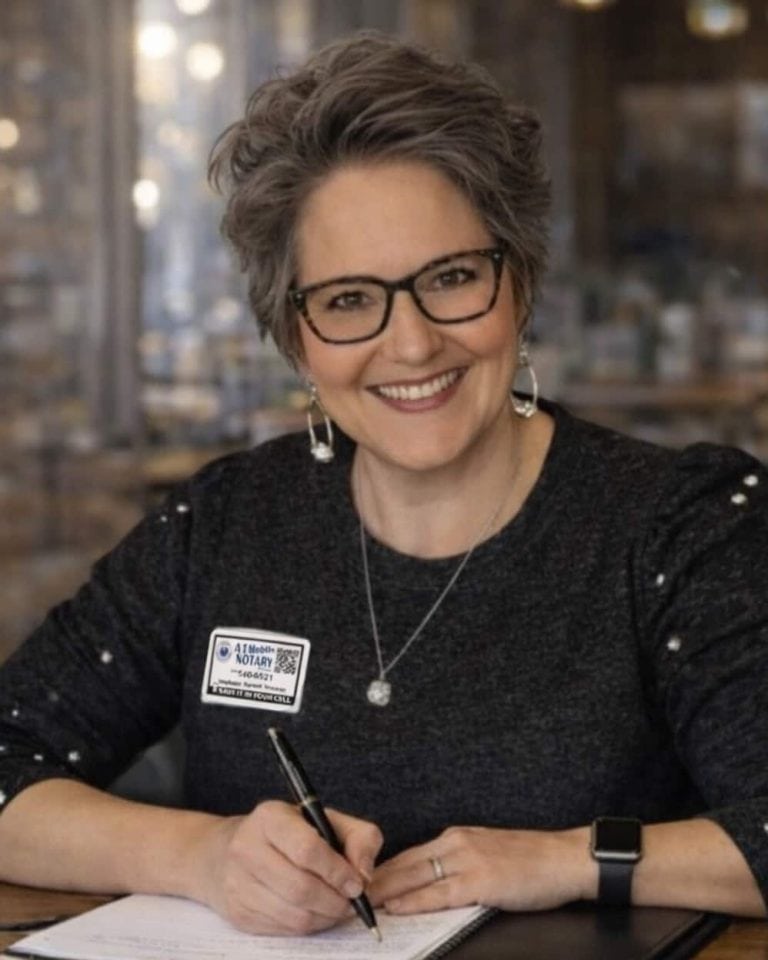 About A1 Mobile Notary in Lake Charles, LA 2 Professional Louisiana mobile notary public wearing glasses and a branded name tag, smiling while holding a pen to sign a document.