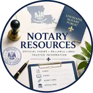 Louisiana Notary & Official Resources 2 A circular graphic design containing text that reads Notary Resources Official Forms Reliable Links Trusted Information, featuring a Louisiana Notary Public textbook, a map outline of Louisiana with the state seal, a notary stamp, and a clipboard checklist for forms, guides, agency links, and official info.